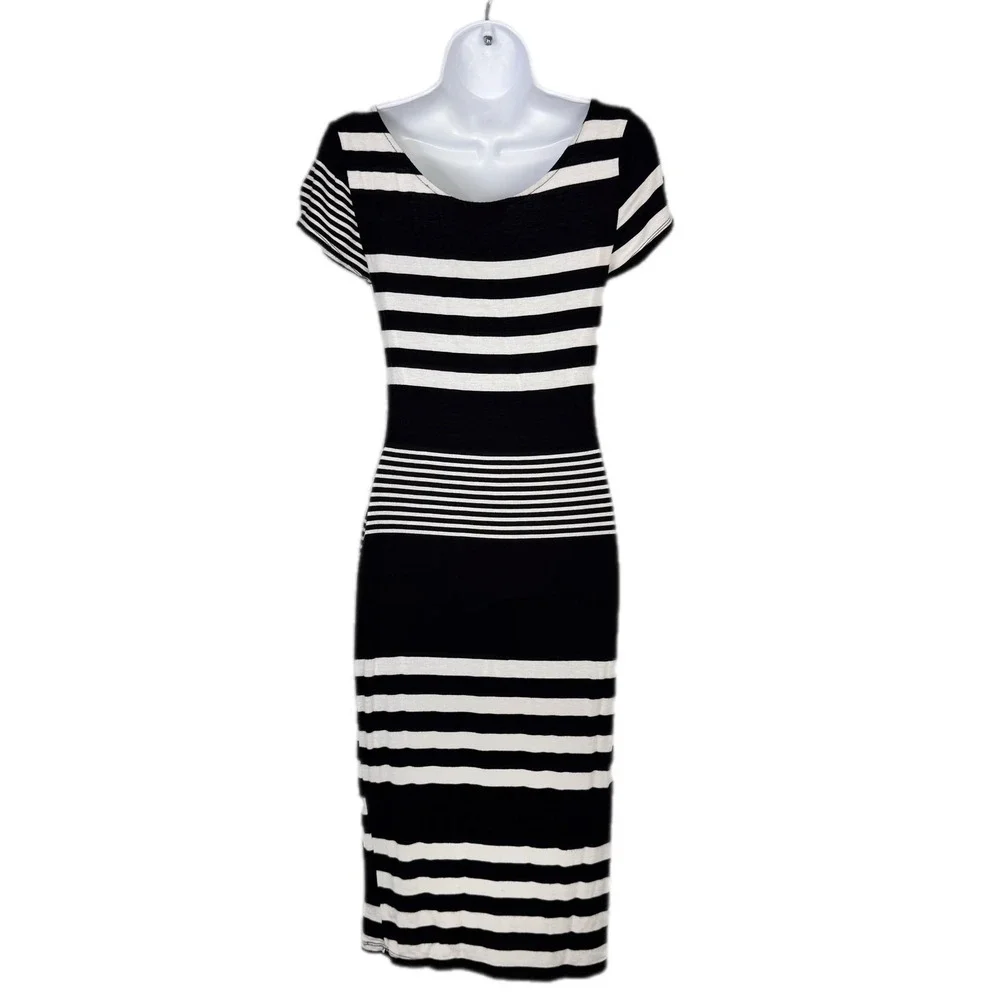 Almost Famous Striped Midi Dress Women M Black White Short Sleeve Bodycon Rayon